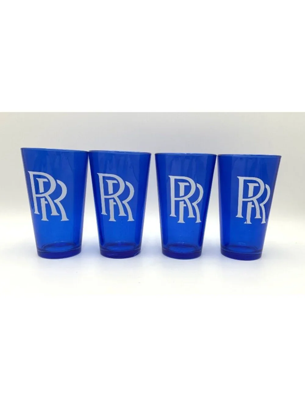 Set Of 4 Rolls-Royce RR Logo Drinking Glass Blue Frosted White Logo 16oz